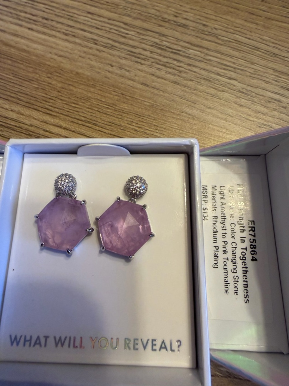 Hexagon Pink Gem Drop Earrings with Crystal Stud - Branded